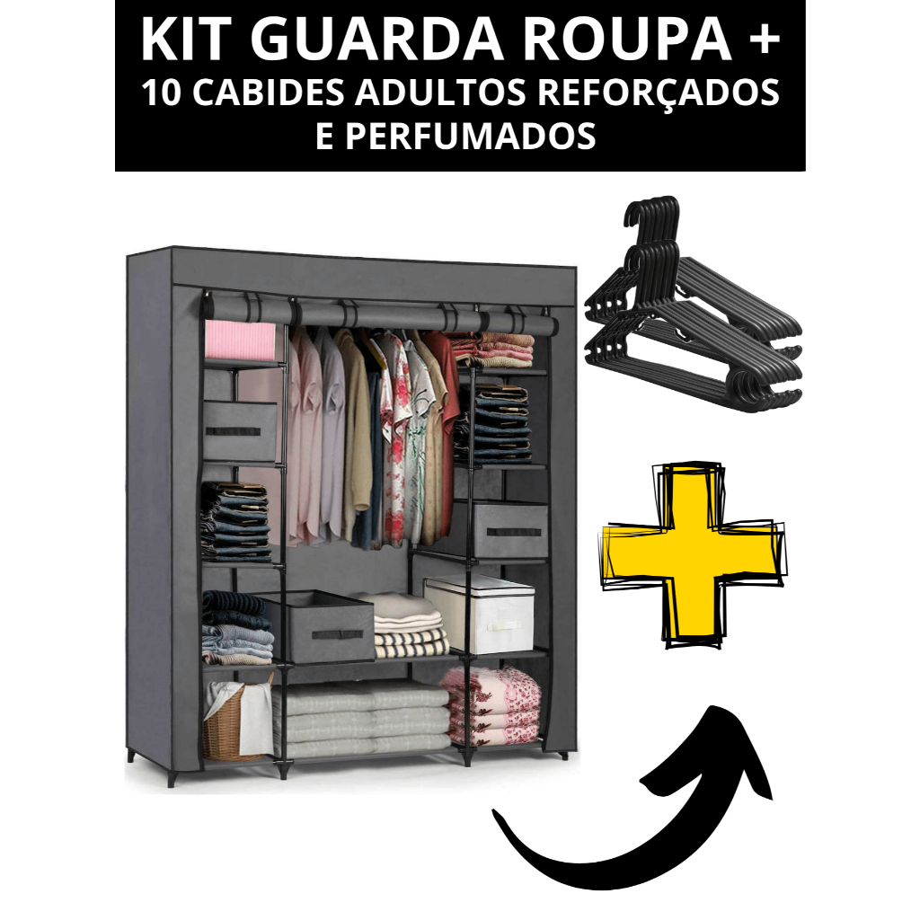 Kit Guarda Roupa c/3 Portas Dobravel Armario Organizador Portatil + 10 Cabides Adultos Resistente Casa Utilidade Quarto