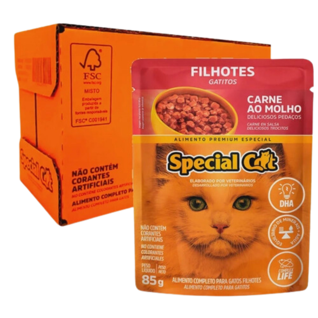 Sachê Ração Umida Special Cat Gatos Filhotes Carne 85g CAIXA FECHADA