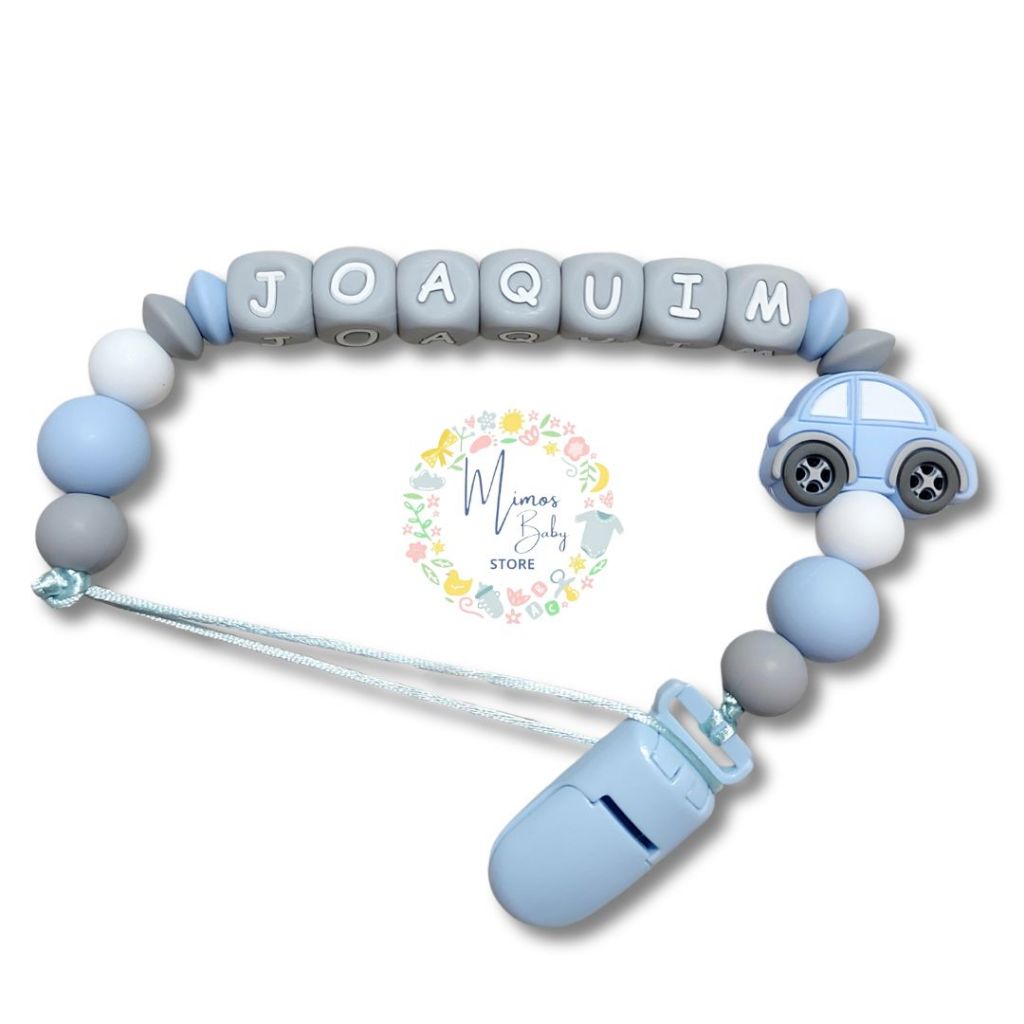 Prendedor de Chupeta de Silicone Macio e Mordedor Personalizado com Nome do Bebê Carrinho BPA FREE