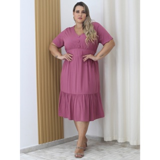 Vestido Viscolinho Midi Plus Size Com Botão Decote V em Oferta na Shopee