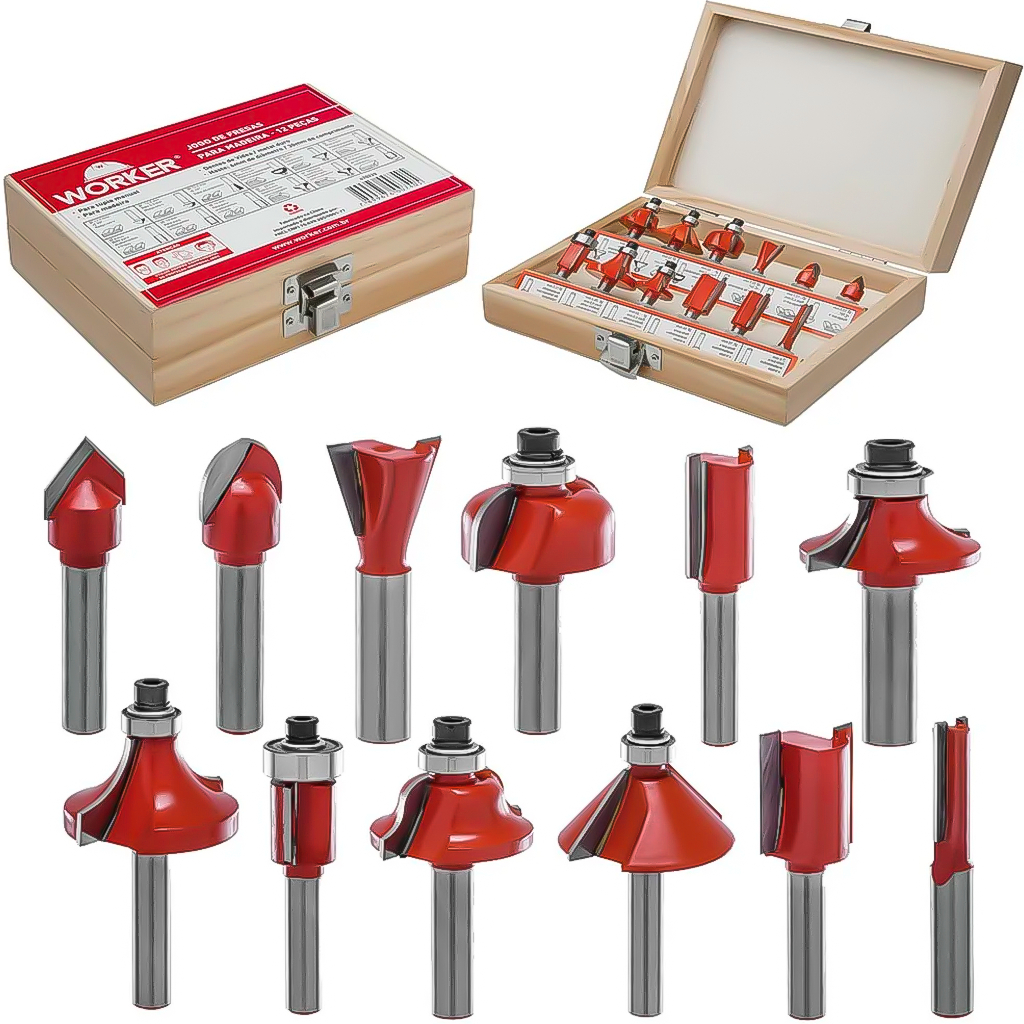 Kit Jogo De Fresas Para Tupia 12 Peças Desbastar Formar Entalhar Madeiras Acabamento - WORKER
