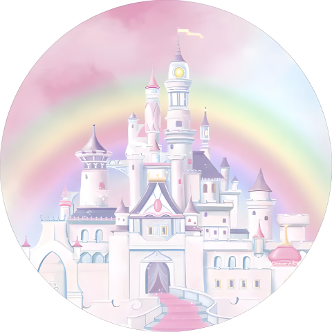 Painel Festa Infantil Redondo Castelo de Princesa da Disney Arco-Íris Aquarela + Arco, Suporte incluso. Fazemos personalizado com qualquer tema. Confeccionado em Lona fosca, impressão de alta resolução. cenário Circular p/ Decoraçõe