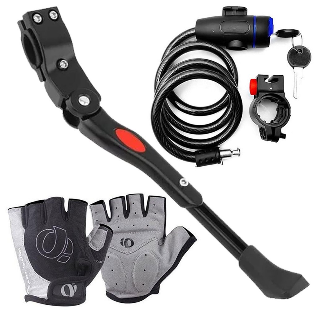 Pezinho Para Bike Descanso Lateral Com Regulagem 20 Até 29 + Luva Meio Dedo Ciclismo Com Gel + Trava Cabo De Aço Moto Bike Espiral Com Chave