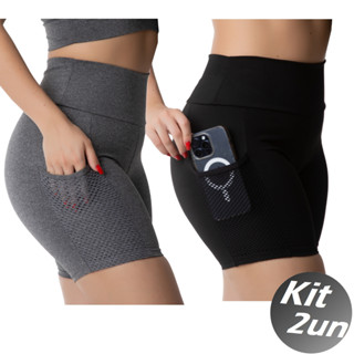 Kit 2 Bermuda com Bolso Fitness Feminino Cós alto