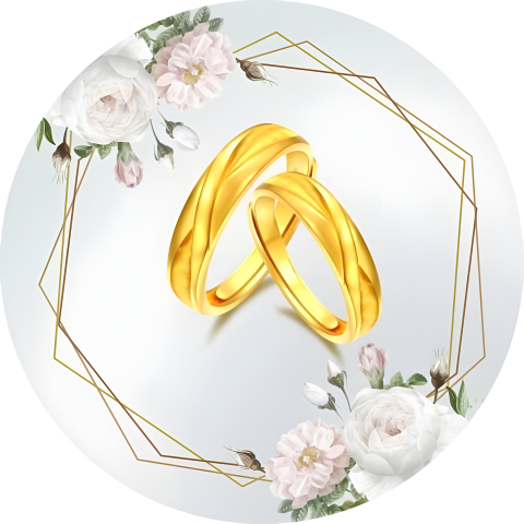 Painel Festa Infantil Redondo Casamento Flores Aliança Dourada, fundo Branco + Arco, Suporte incluso. Fazemos personalizado com qualquer tema. Confeccionado em Lona fosca, impressão de alta resolução. cenário Circular p/ Decoraçõe