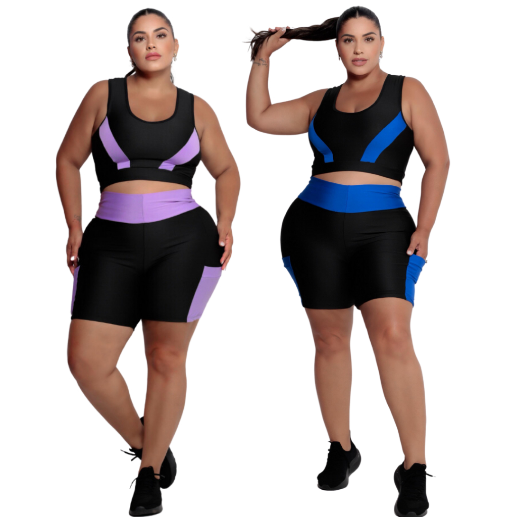 Kit 2 conjuntos Fitness PLUS SIZE E SLIM Top + Short com bolso G ao EXGG Modelo Curves feminino em Oferta na Shopee