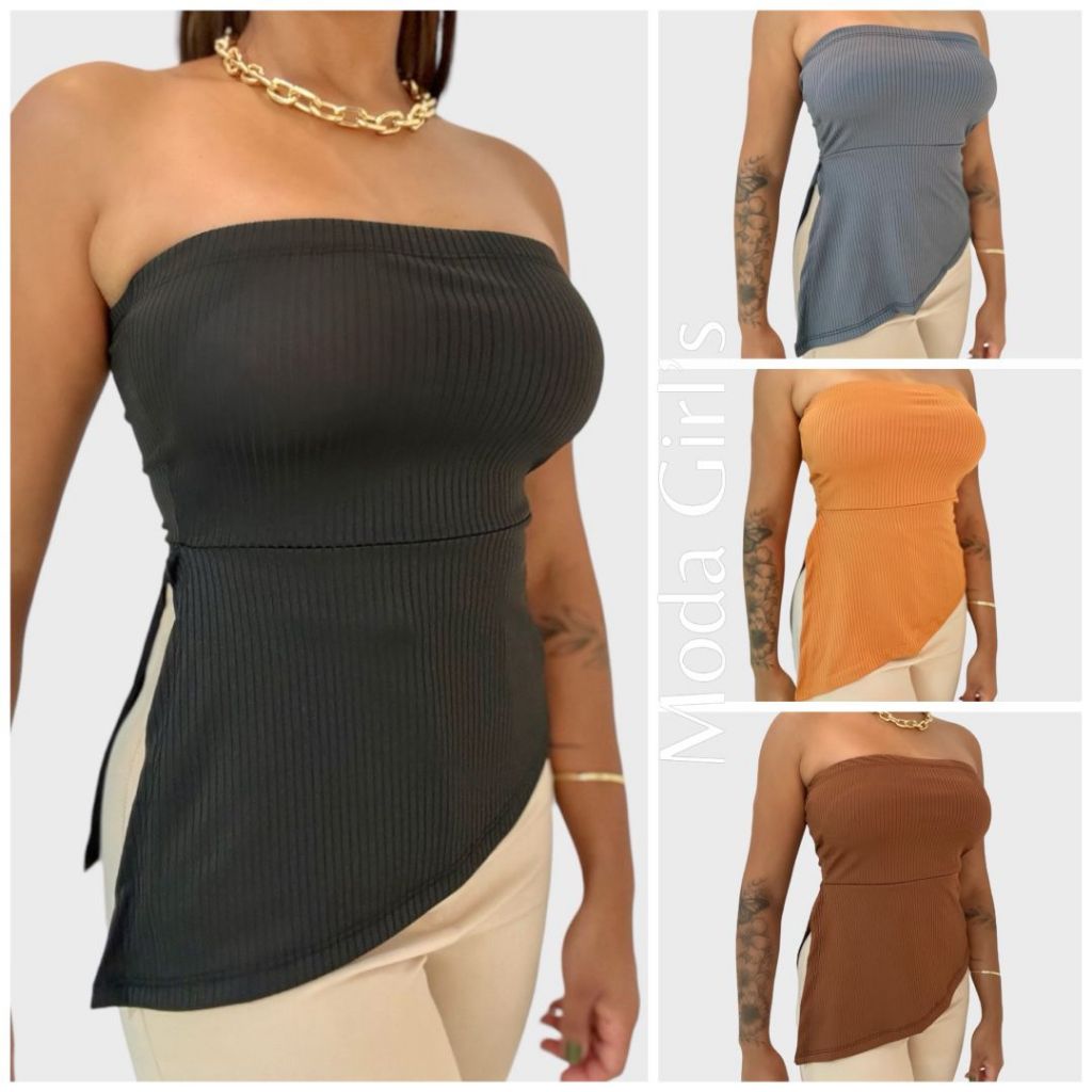 Blusa Tomara Que Caia Assimétrica Canelada Tendência de Moda