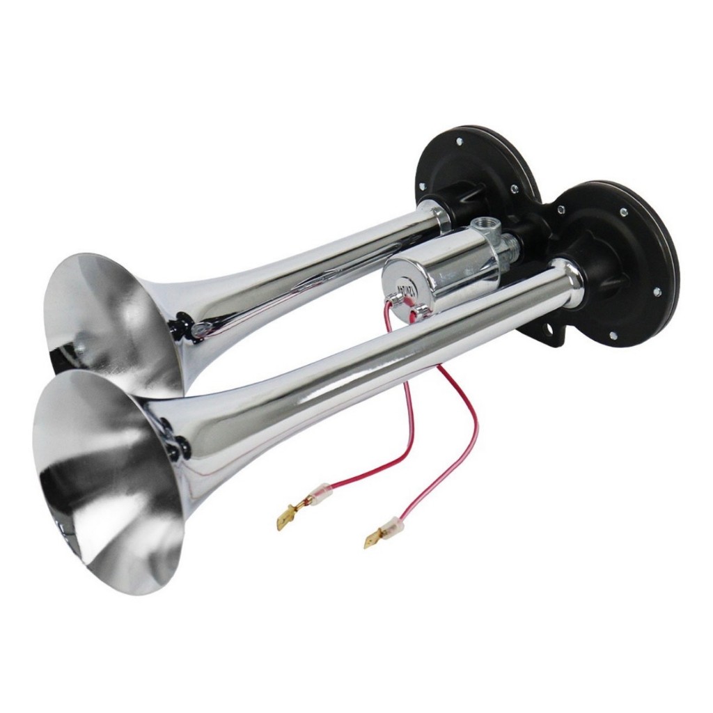 Buzina A Ar 2 Cornetas Cromada C/ Valvula Solenoide Caminhao Onibus Motorhome Acessorios