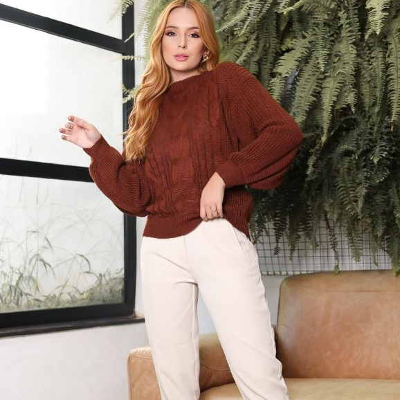 Blusa Manga Longa Bufante Trança Tricot Trico
