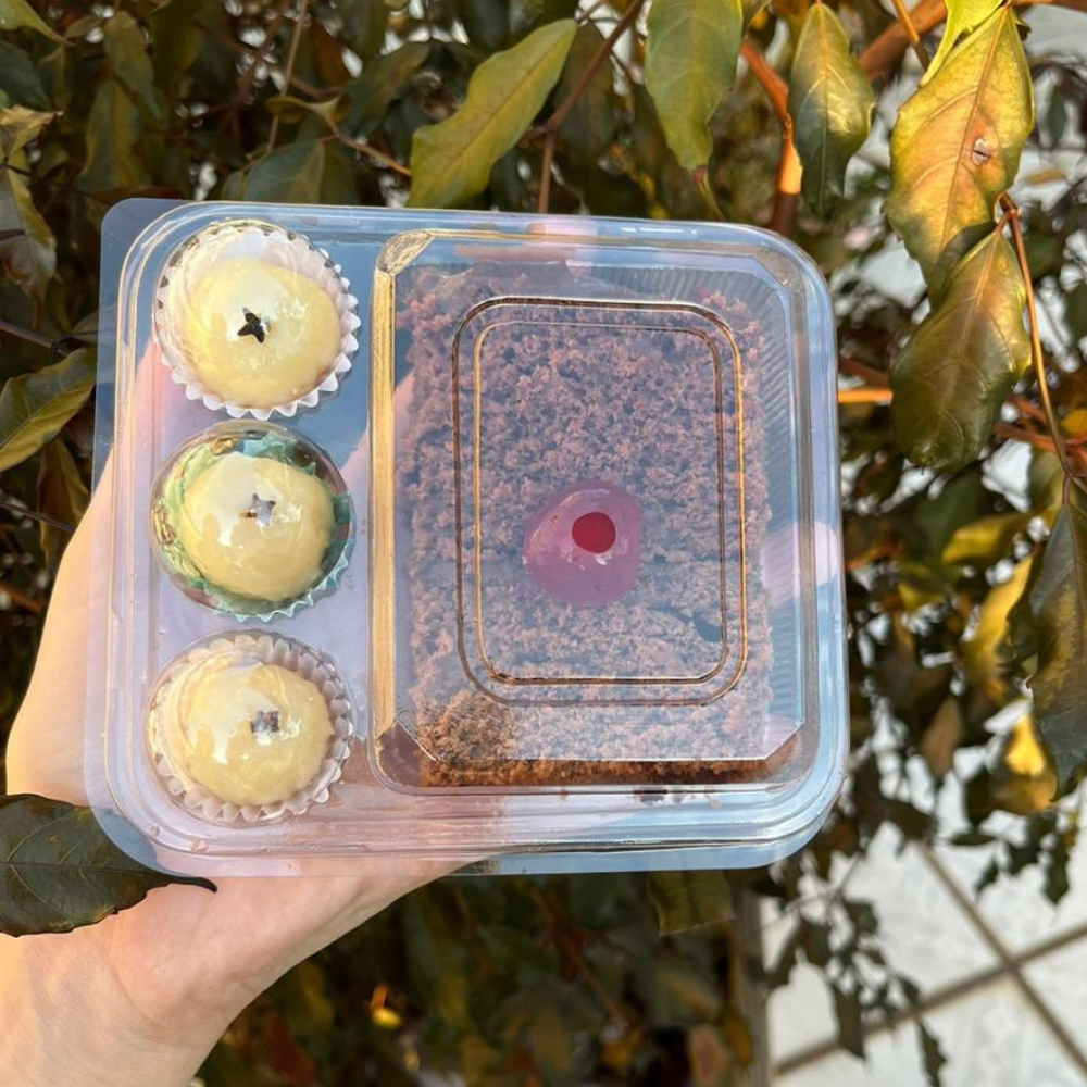 LANÇAMENTO! Embalagem Delícias de Festa para Fatia de Torta/Bolo e 3 Docinhos - 25 unidades
