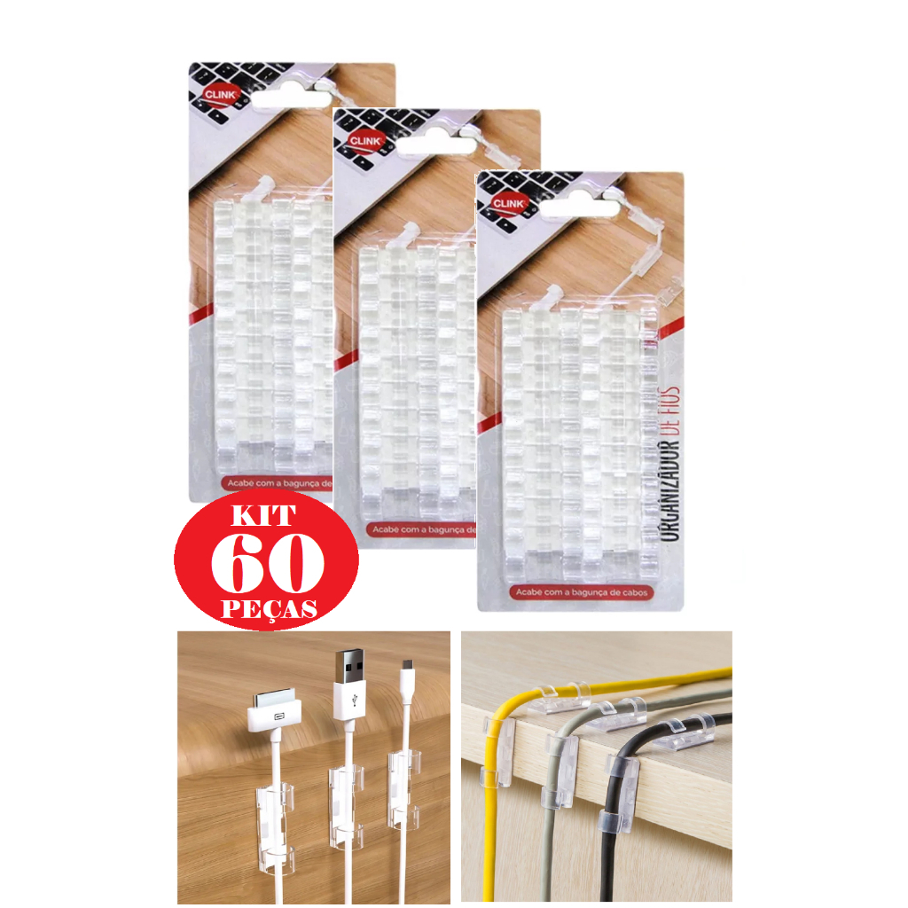 Kit c/60 Clips Fixador Organizador de Fios e Cabos Autoadesivo