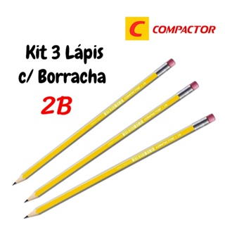 Kit 3 Lápis Grafite 2B C/ Borracha - Compactor em Oferta na Shopee