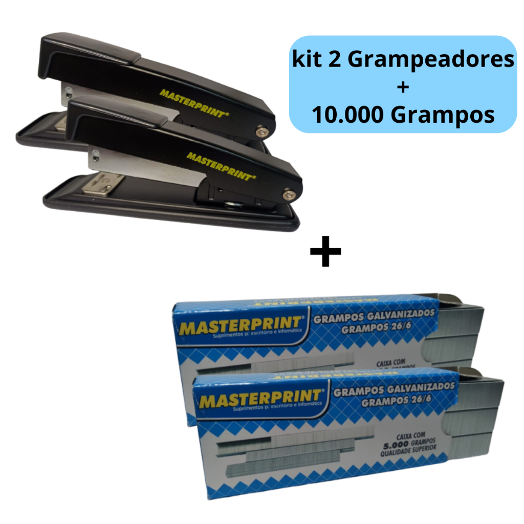 Kit 02 Grampeador Metal + 10.000 Grampos 26/6 Galvanizados Escolar Escritório MASTERPRINT