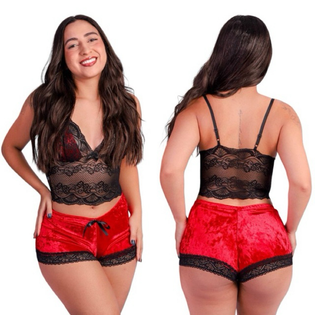Baby Doll Sexy Veludo Short Doll Cropped Renda Sensual Pijama Feminino Lingerie Veludo Luxo Renda Short Doll Veludo Sexy
