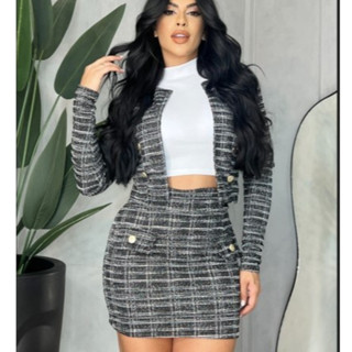 Conjuntinhos Blazer Saia e Crooped Meia estação Malha Tweed. Conjunto Social Feminino kit 3 peças em Oferta na Shopee