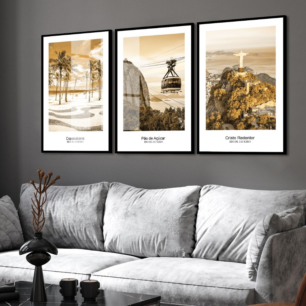 kit 3 quadros decorativos rio de janeiro cristo redentor baia de guanabara ipanema calçadão bondinho com molduras