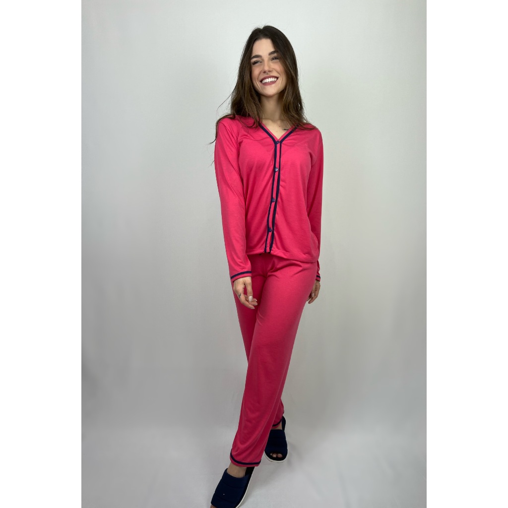 Pijama Longo Americano Blogueirinha Feminino Aberto Amamentação de Botão Blogueira Azul Promoção