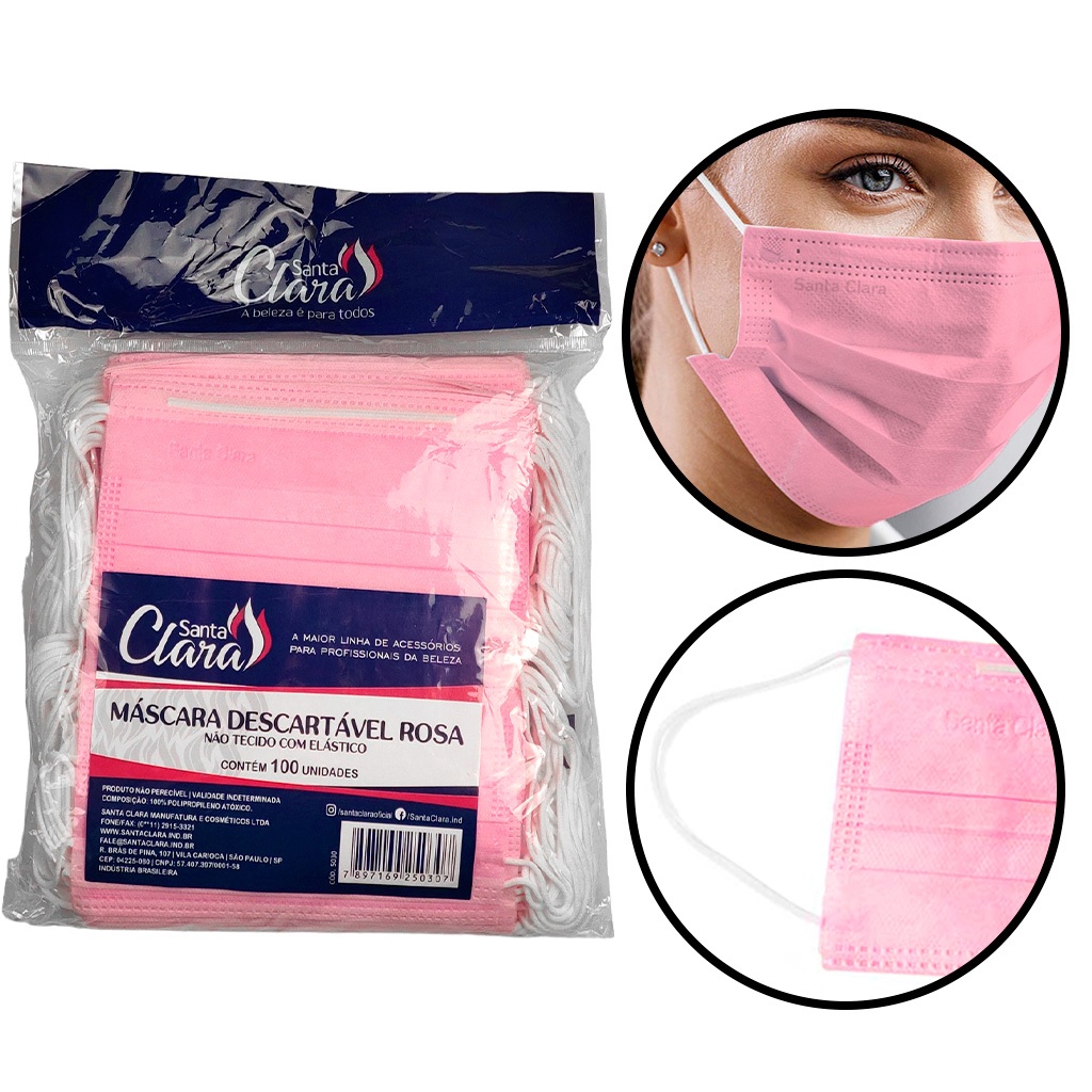 Máscara Facial Descartável Com Elástico Rosa 100 Unidades
