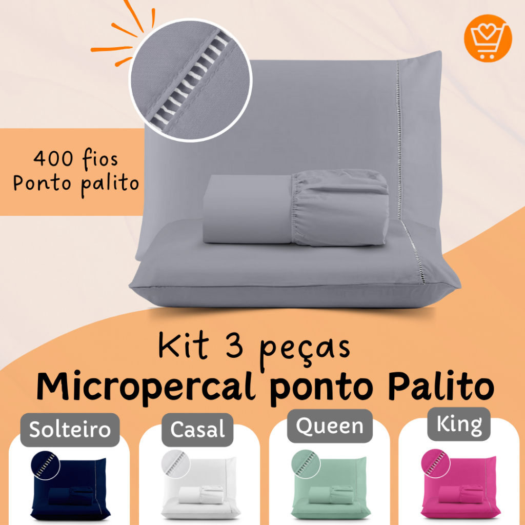 Kit Lençol Cama Casal Queen 400 fios Micropercal 03 Peças Ponto Palito