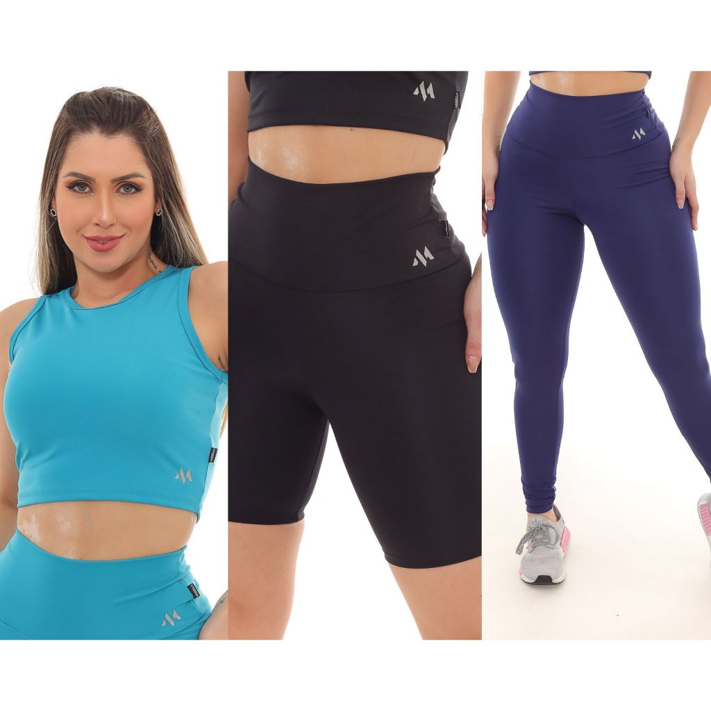 KIT C/ 3 Peças 1 Bermuda 1 Cropped 1 Legging Blackout Supermicrofibra Moda Fitness