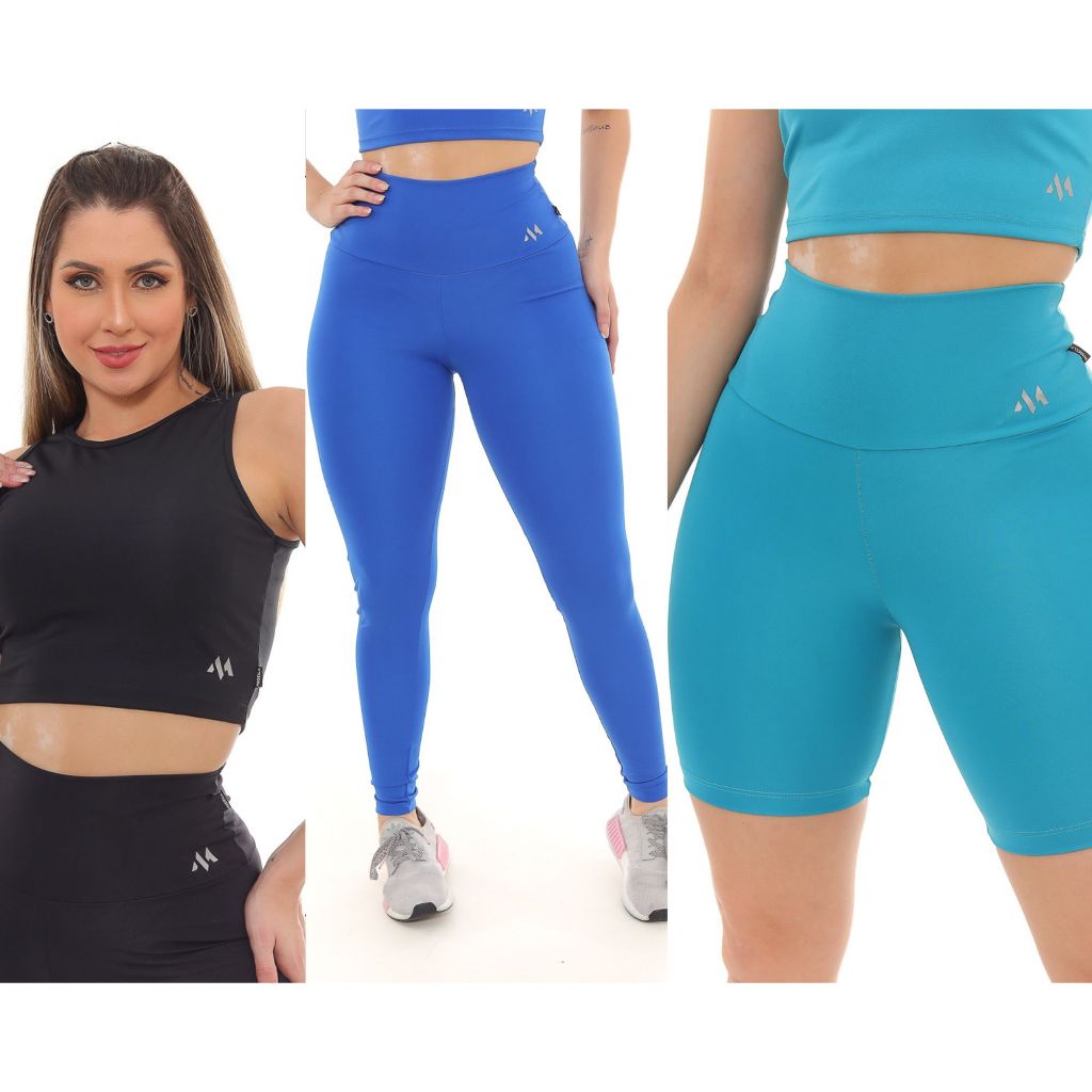 Kit C/ 3 Peças 1 Cropped 1 Legging 1 Bermuda Blackout Microfibra Com Secagem Rapida Moda Academia