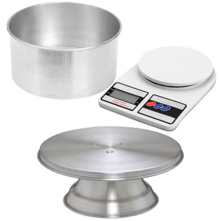 Balança Digital de Cozinha + Assadeira Redonda 25 cm + Bailarina Giratória Para Confeitar Bolos