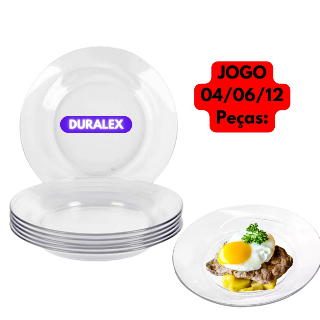 Jogo Kit 04/06/12 Pratos Fundo Vidro Transparente Astral Temperado Duralex Almoço Jantar Resistente Restaurante Refeitório Refeição