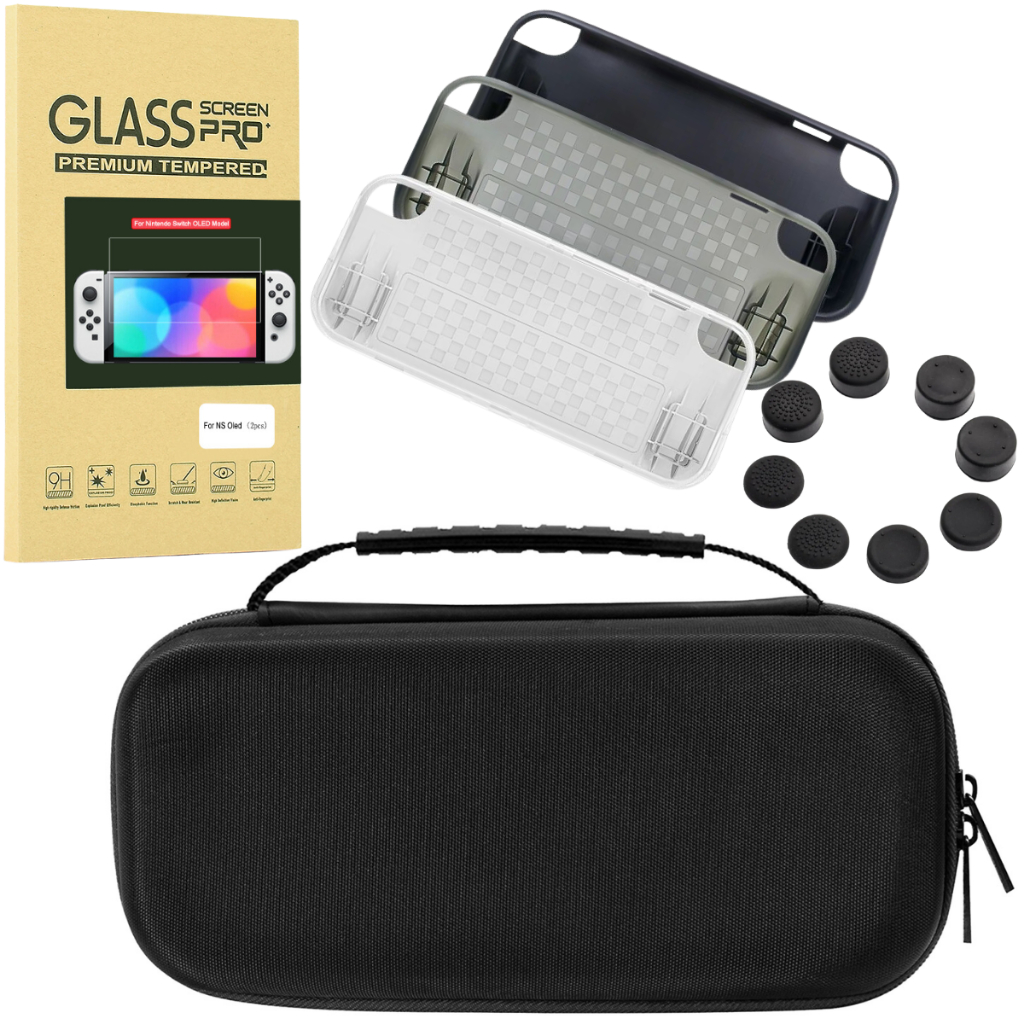 Case Capa Estojo para Nintendo Switch Oled+ Película de Proteção de  Vidro + 4 Grips + Capa Tpu