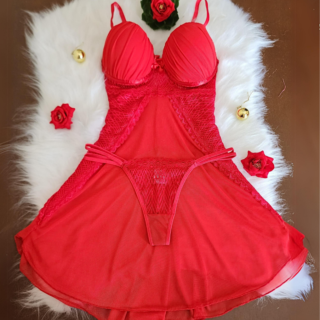 Camisola com Bojo Com Calcinha Fio Dental Conjunto Lingerie sensual Pijama Camisolas Langerie em Oferta na Shopee