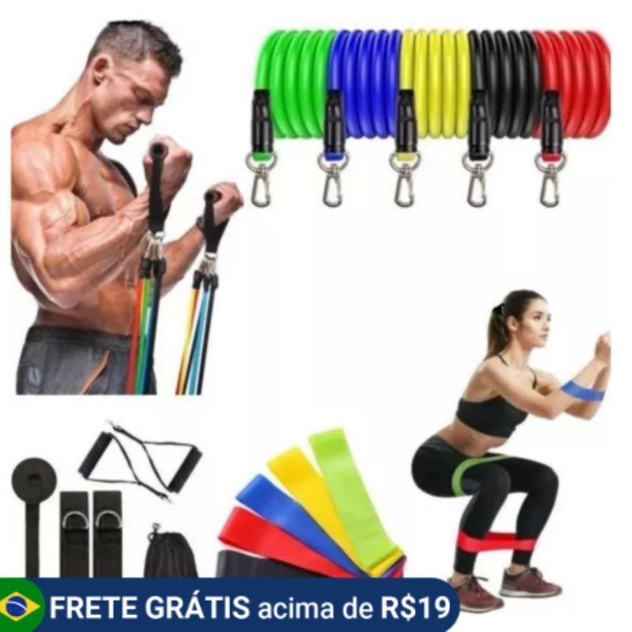 Kit 5 Mini Band + Kit 11 Elástico Extensor + Hand Grip Musculação Treino Funcional Em Casa