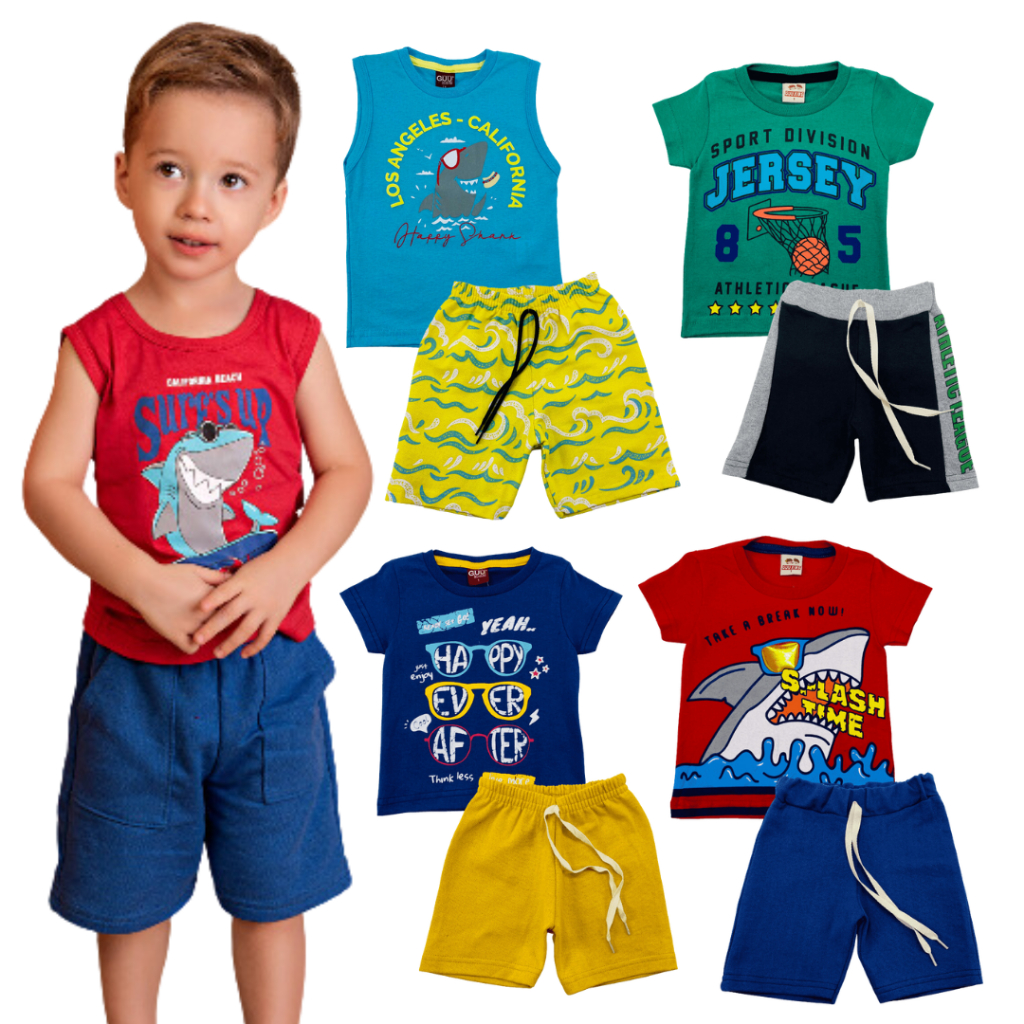 Kit 6 Peças de Roupas Infantil Menino 3 Camisetas+ 3 Bermudas Promoção Kit com 5 Conjuntos de Roupa Infantil Menino Conjunto Masculino Infantil 1 ano, 2 anos, 3 anos, 4 anos, 6 anos, 8 anos Roupa Masculina Infantil