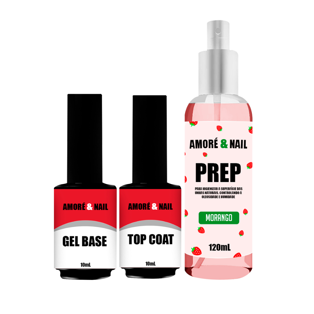 Kit Preparador AMORÉ&NAIL Top Coat Diamante 10 ml / Base Gel 10ml / Prep 120ml Lançamento