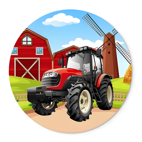 Painel Festa Infantil Redondo Temático Trator Vermelho no Campo + Arco, Suporte incluso. Fazemos personalizado com qualquer tema. Confeccionado em Lona fosca, impressão de alta resolução. cenário Circular p/ Decoraçõe