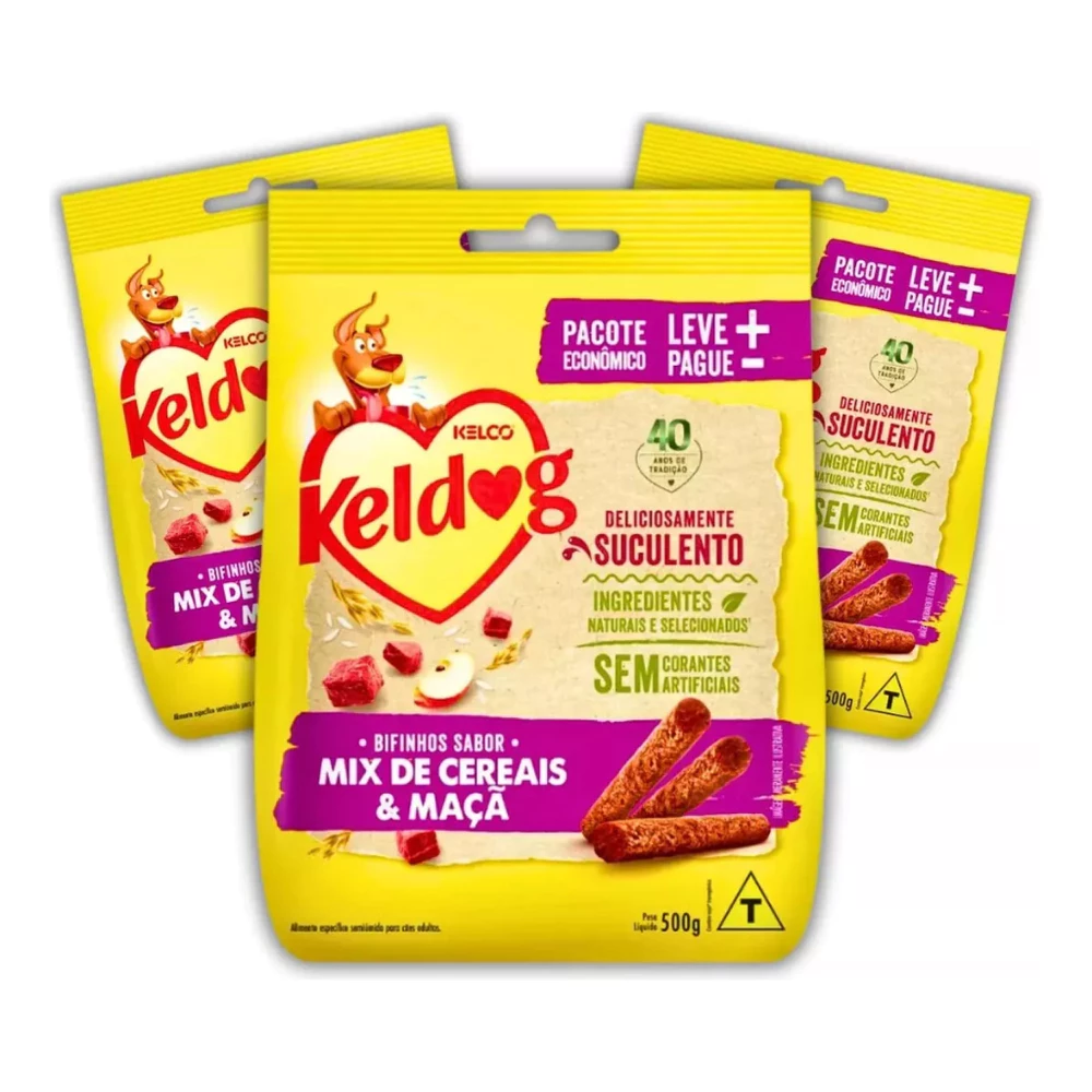 Kit 3 Bifinho Keldog Criadores Sabor Mix de Cereais e Maça P/ Cães 500g