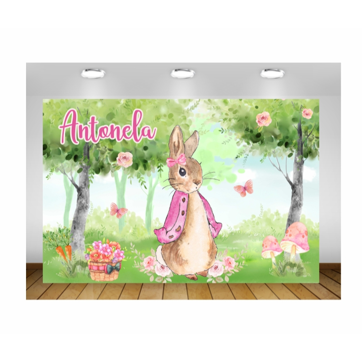 Painel de Festa Peter Rabbit Flopsy Rosa Painel de  Lona Pedro Coelho Coelha Rosa Pedro Coelho Páscoa Aquarela