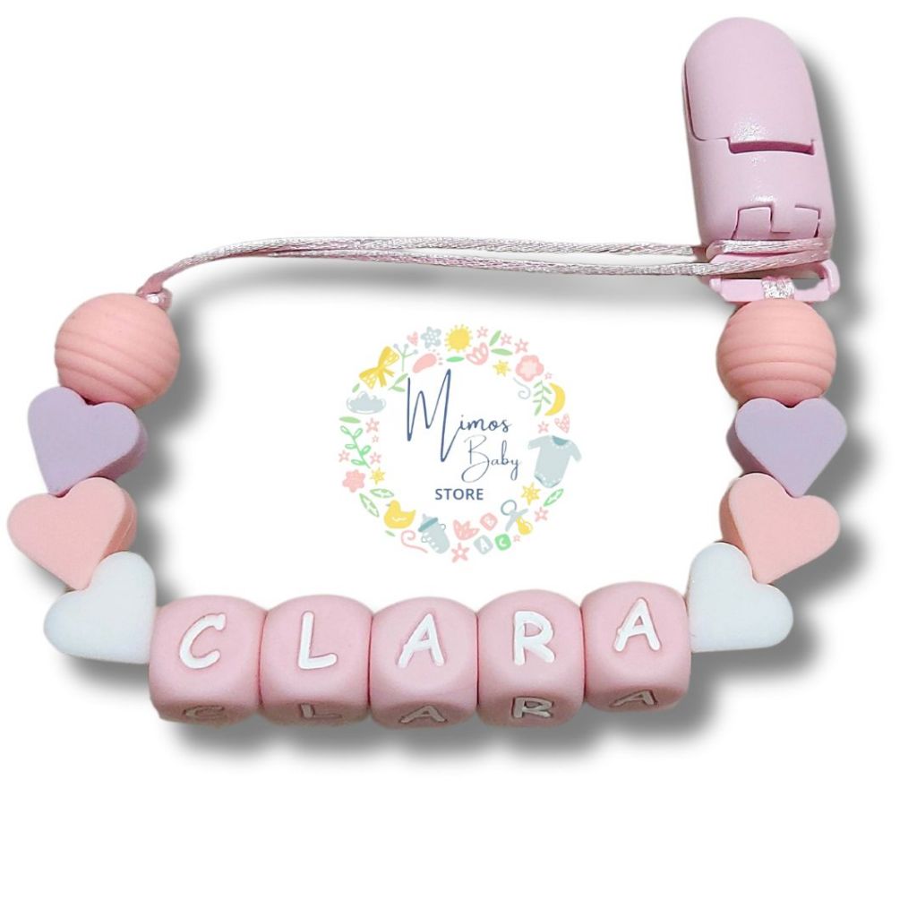 Prendedor de Chupeta de Silicone Macio e Mordedor Personalizado com Nome do Bebê Coração BPA FREE