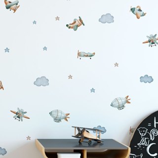 Adesivos de Parede Infantil Aquarela: Aviões, Nuvens e Estrelas CT-KA-14 em Oferta na Shopee