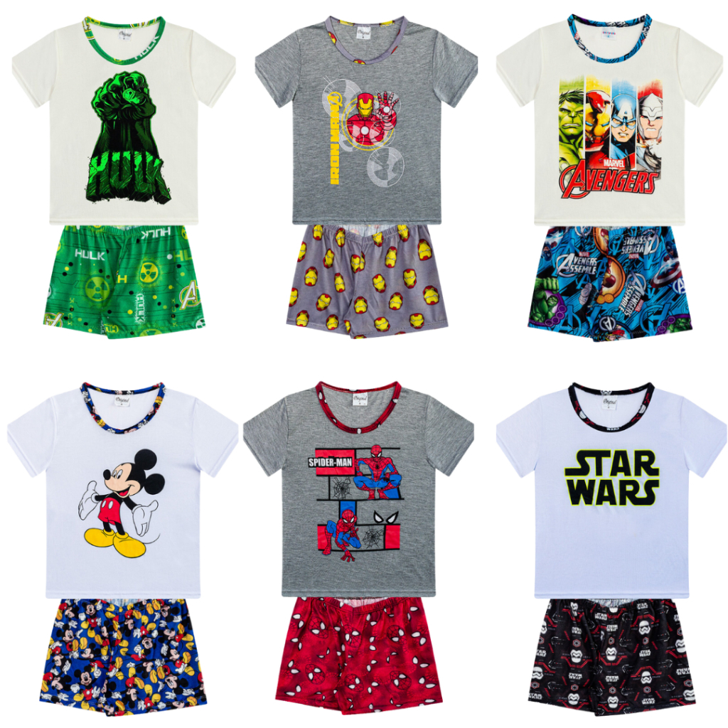 Kit Sortido 3 Pijamas Estampados 3 Camisetas + Bermudas Masculino/Menino Infantil Verão 3 ao 8