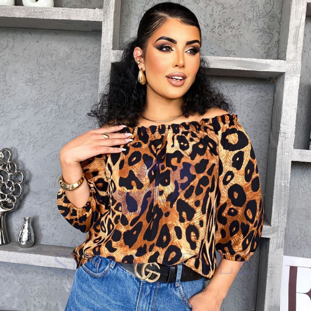 Blusa Ciganinha Feminina Ombro a Ombro Soltinha Manga 3/4 Blusinha Cigana Estampa Bolinhas Onça Duna em Oferta na Shopee