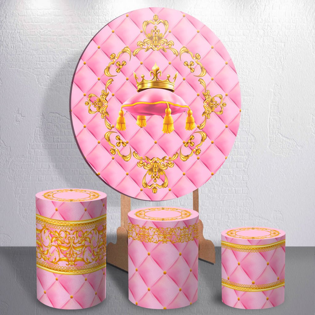 Kit Festa Tema Rosa e Dourado Coroa Realeza Redondo + Retangular Com Trio de Cilindro Painel