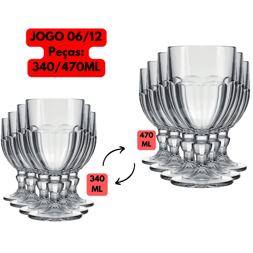 Jogo Kit 06/12 Taças 340ML/470ML Bristol Vidro Transparente Duralex Sobremesa Sorvete Doce Refeiçao
