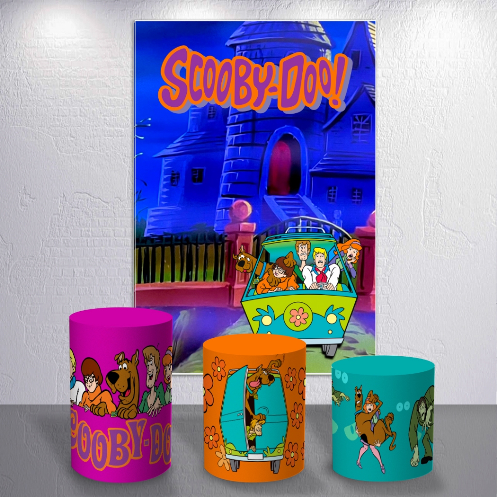 Painel Festa Infantil Estampa Scooby Maquina Mistério Trio Cilindro Painel Redondo Retangulo