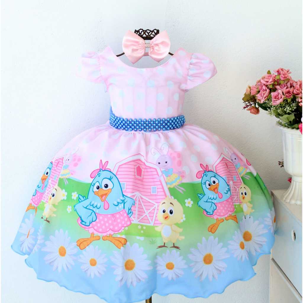 Vestido Infantil Menina Galinha Pintadinha Tema Para Festa Aniversario Com Tiara
