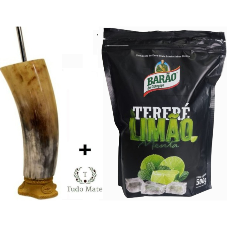 Kit Para Tereré Cuia Guampa Chifre Natural de Boi com Bomba para Tereré + Erva Mate Tereré 500 Gramas