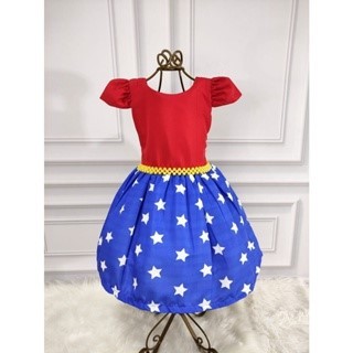 Vestido Menina Infantil Perola Temático Mulher Maravilha Busto Liso