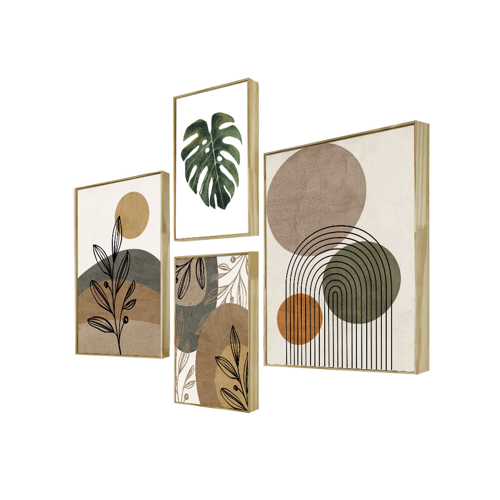 Kit 4 Quadros Decorativos Cozinha  Plantas Formas Coloridas Conjunto Jogo Cubos Geométrico...