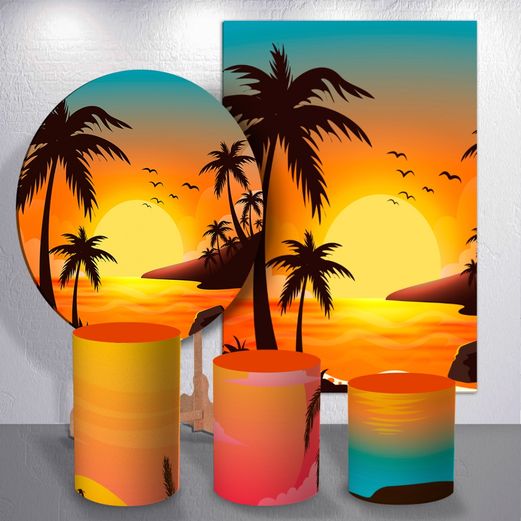 Painel De Festa Tardezinha Laranja Fim De Tarde Coqueiro Trio Cilindro Decoração Evento