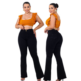 Calça Flare Jeans Preta Plus Size Feminina Elastano  Barra Desfiada Cintura Levanta Bumbum Curve Premier em Oferta na Shopee