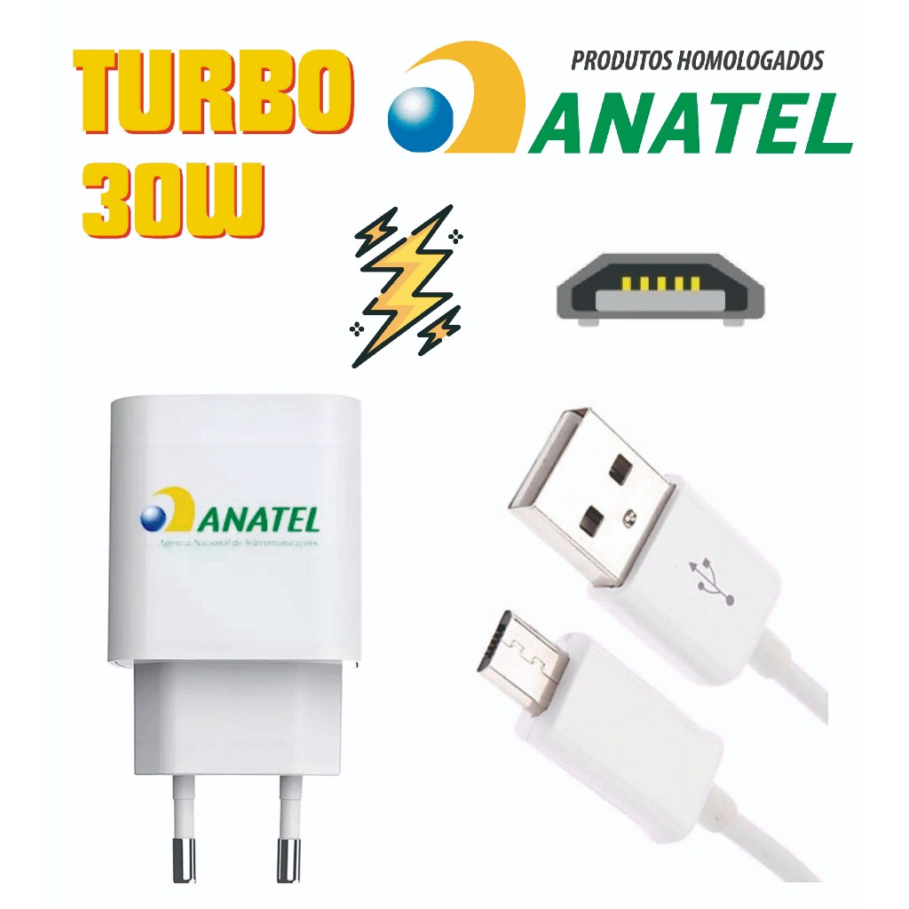Carregador Android 30W V8 Micro USB Turbo Certificado Anatel Para Xiaomi Redmi, 
