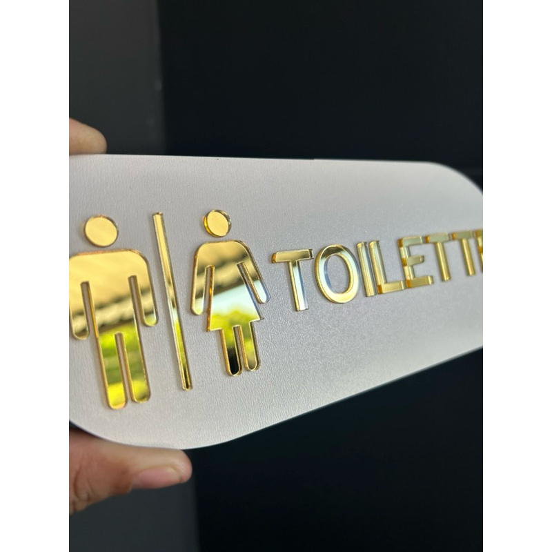 Placa Identificação de Porta, Toilette Banheiro Em Acrílico Espelhado com MDF Branco